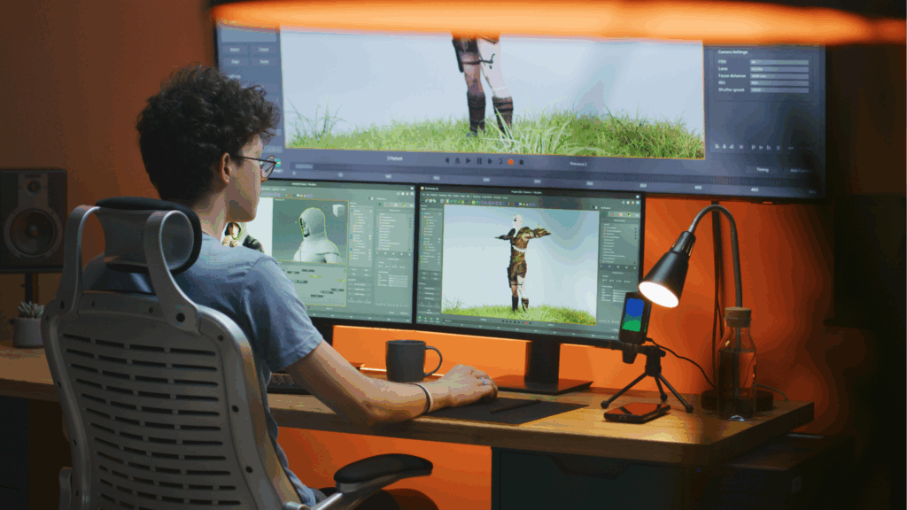 デスクでパソコンに向かいアニメーションを作成している様子