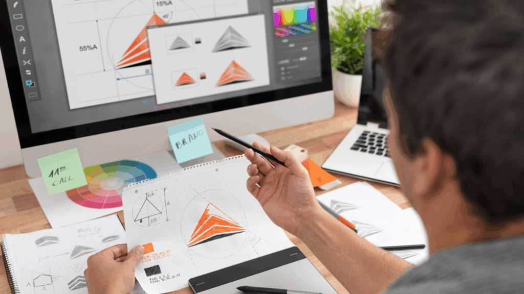 グラフィックデザイナーの男性がPCに向かいデザインをしている様子