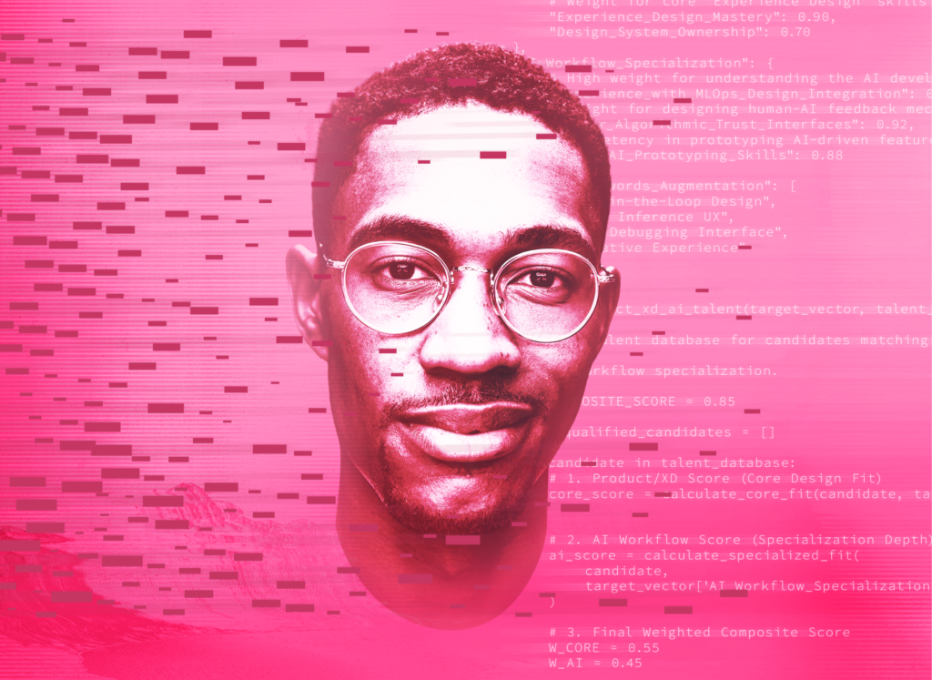A smiling man's face next to digital codes with pink background