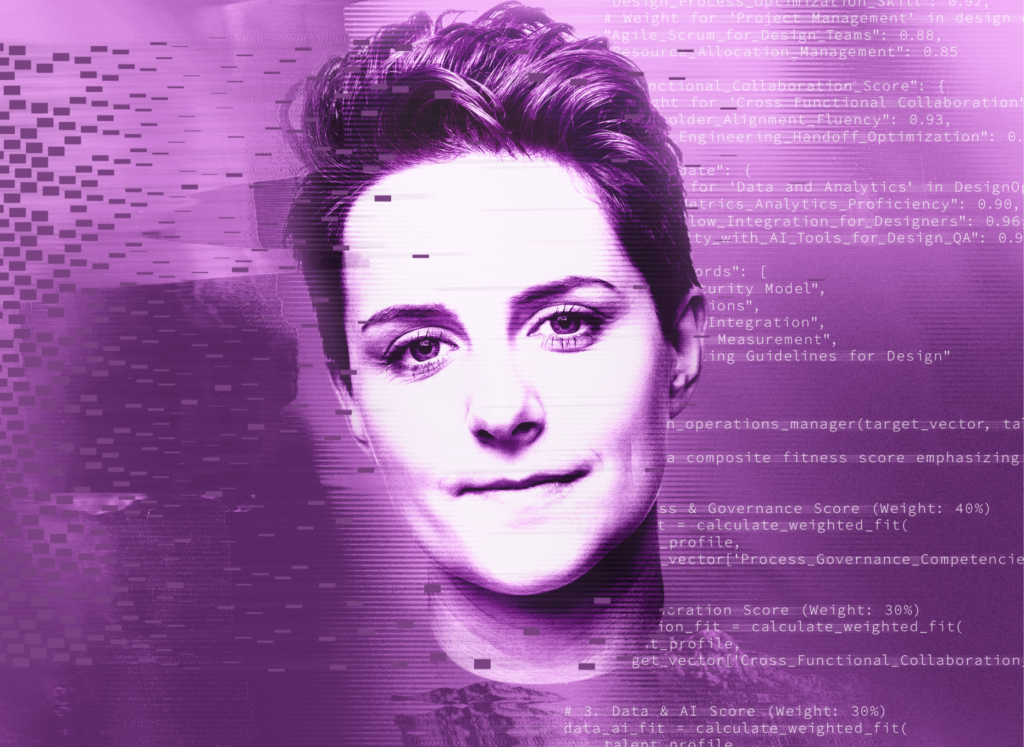 A smiling woman's face next to digital codes with purple background