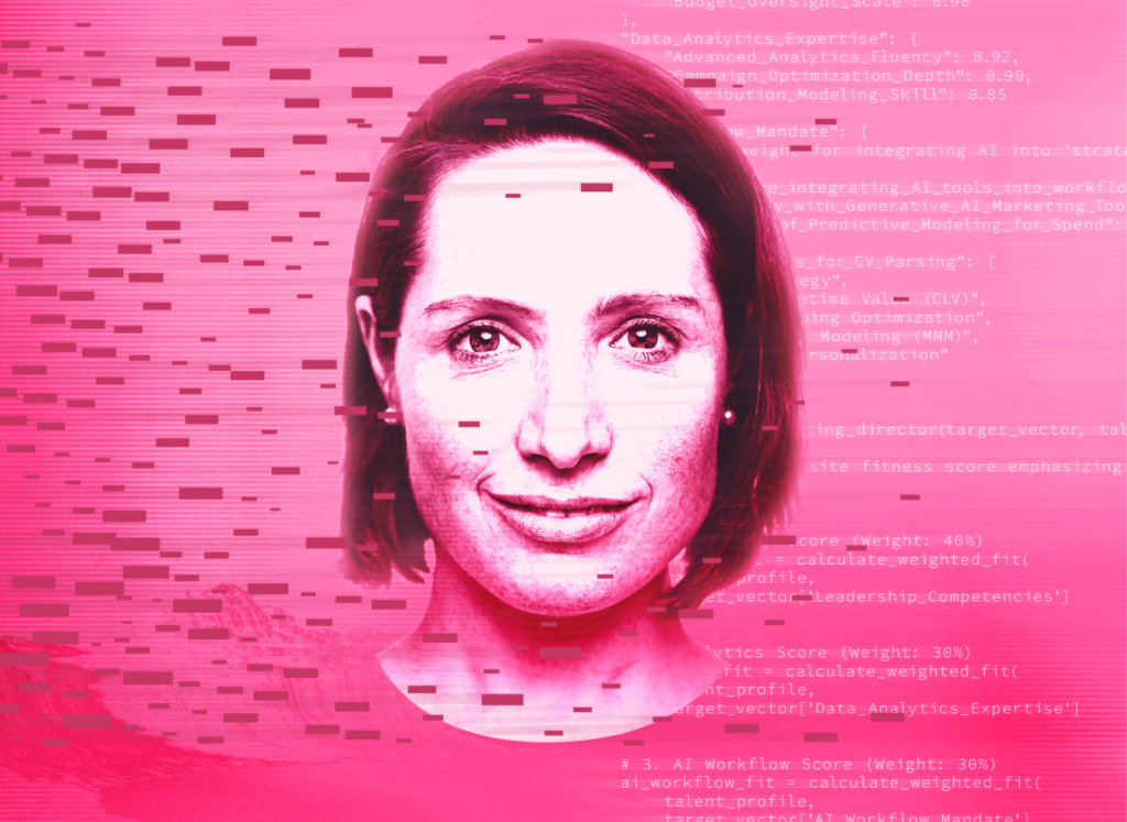 A smiling woman's face next to digital codes with pink background