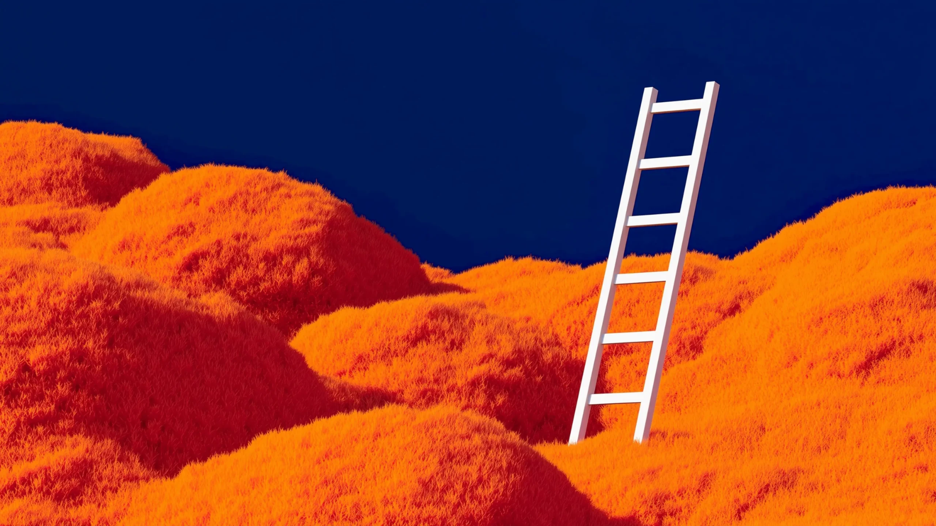 紅葉している山々にはしごをかけてさらに天を目指している様子